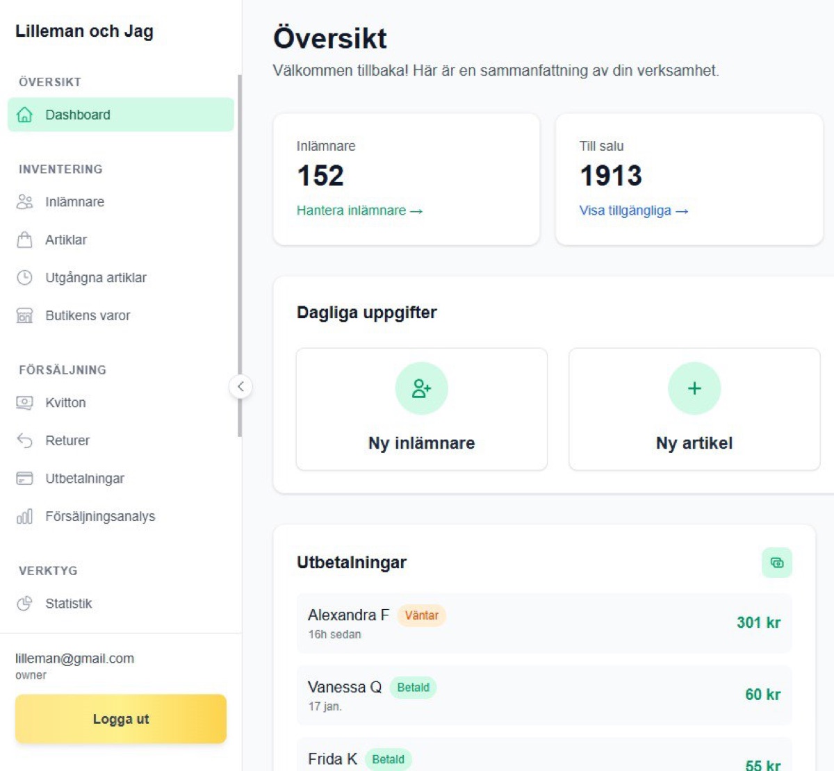 Konsign — dashboard för kommissionsbutiker